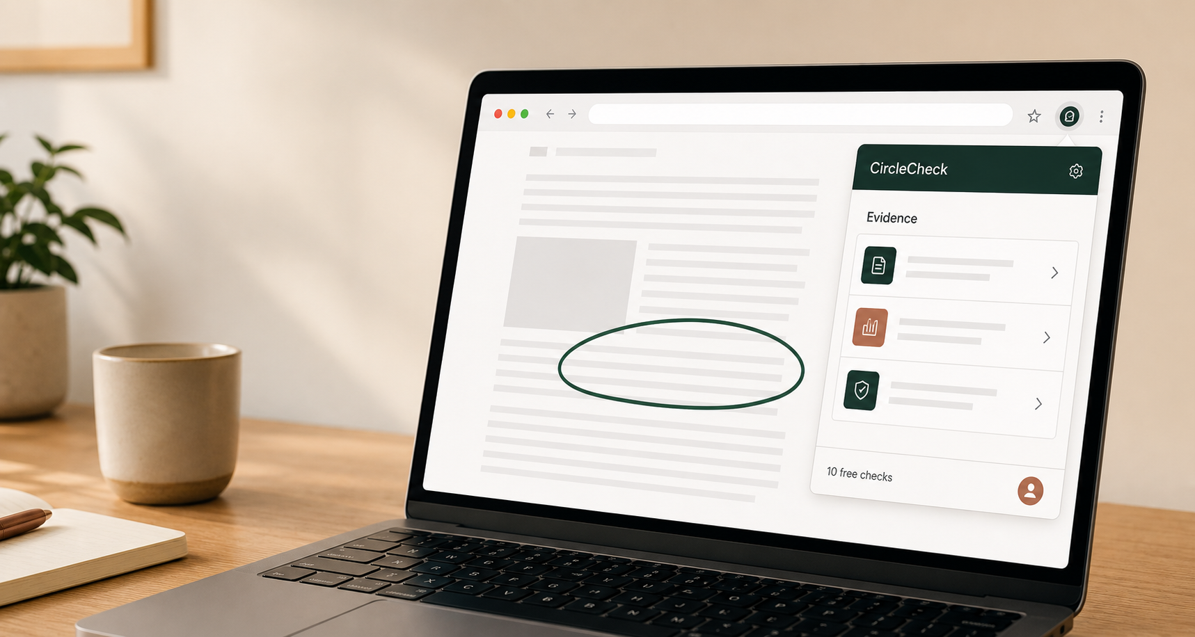 A browser page with a claim circled and a CircleCheck evidence panel beside it